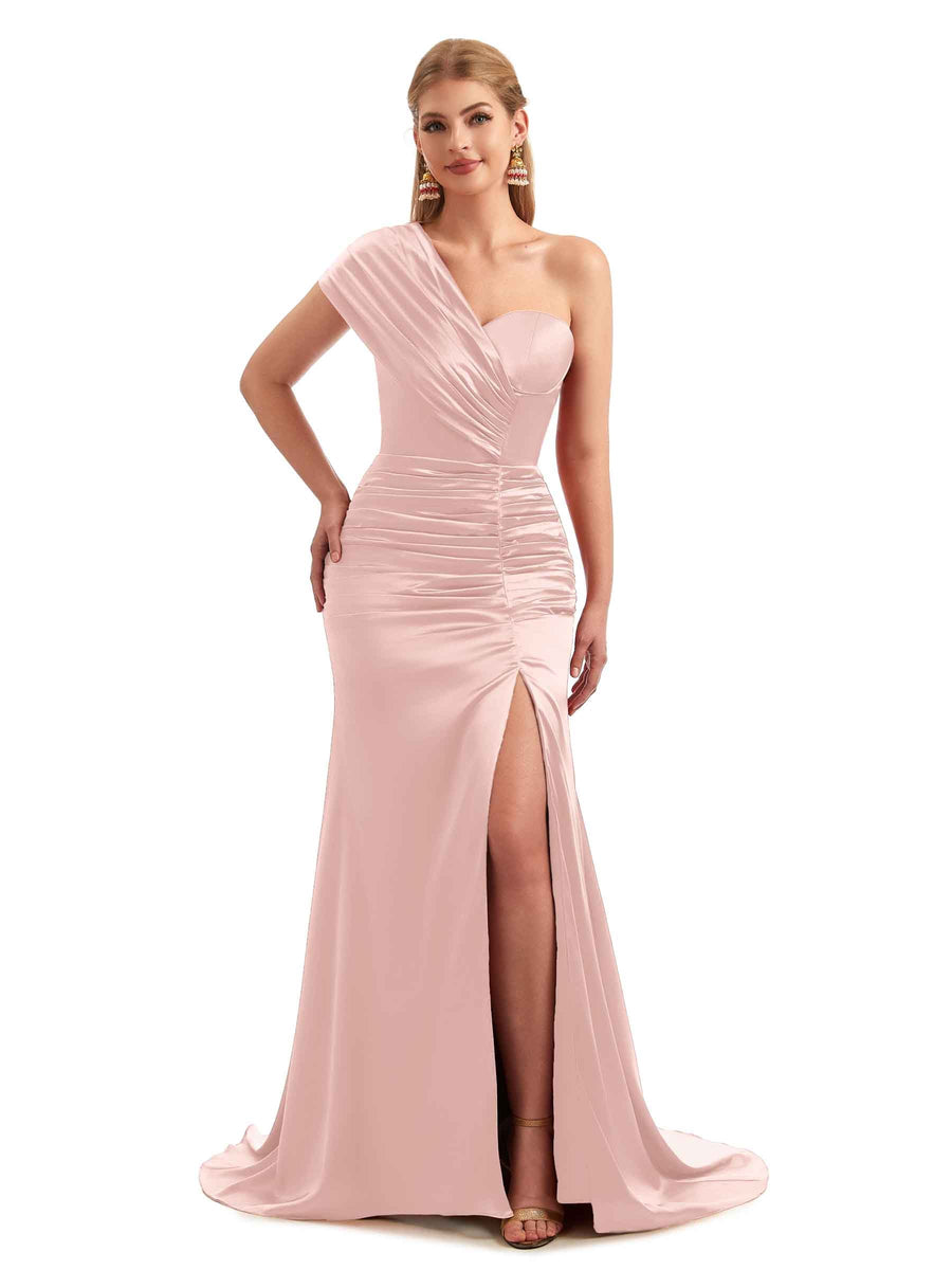 Blushing Pink Sophisticated Satin One Shoulder Ruched Slit Boho Bridesmaid Dresses