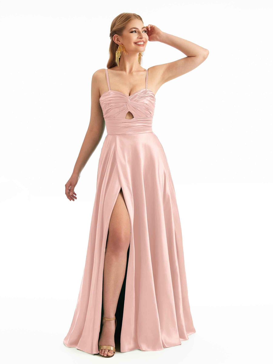 Blushing Pink A-Line Boho Keyhole Cutout Satin Bridesmaid Dresses