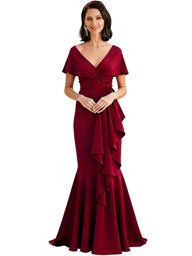 Elegant V-neck Flutter Sleeves Mermaid Ruffles Crepe Mother Of The Bride Dresses