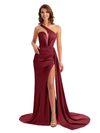 Sexy One Shoulder Soft Satin Side Slit Long Mermaid Wedding Party Dresses In Stock