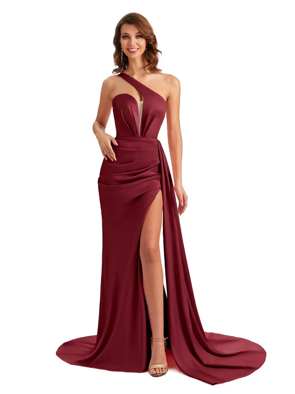 Sexy One Shoulder Soft Satin Side Slit Long Mermaid Wedding Party Dresses In Stock
