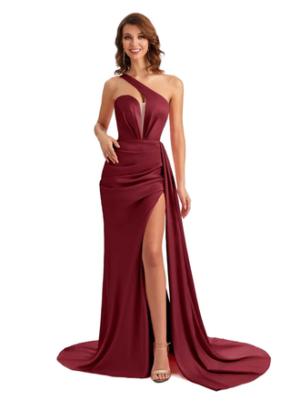 Sexy One Shoulder Soft Satin Side Slit Long Mermaid Wedding Party Dresses In Stock