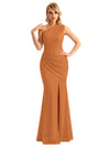 Sexy One Shoulder Mermaid Glitter Jersey Maxi Formal Evening Dresses For Women With Side Slit