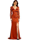 Elegant V-Neck Long Sleeves Satin Side Slit Long Mother of The Bride Dresses