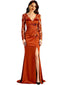 Elegant V-Neck Long Sleeves Satin Side Slit Long Mother of The Bride Dresses