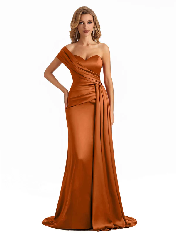 Elegant One Shoulder Soft Satin Long Mermaid Bridesmaid Dresses Online In Stock