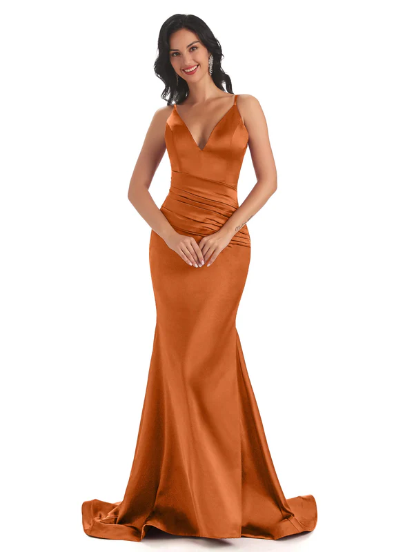 Sexy Spaghetti Straps Soft Satin V-Neck Mermaid Long Bridesmaid Dresses In Stock