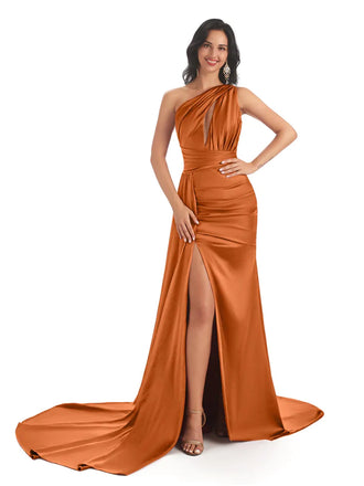 Burnt Orange Sexy Side Slit Mismatched Soft Satin Mermaid Long Bridesmaid Dresses Online