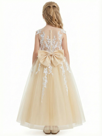 Lace Appliqué Flower Girl Dress, Spaghetti-Straps Illusion-Neck, Elegant Tulle Skirt