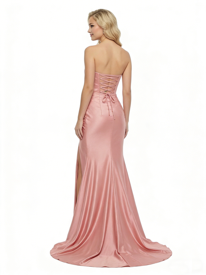 ChicSew Sweetheart Ruched Satin Mermaid Gown Sexy High Slit Twisted Knot Prom Dress