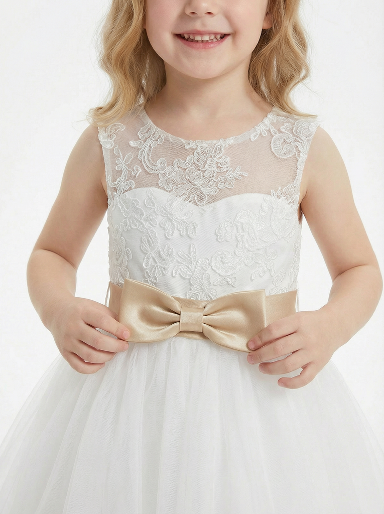 Sleeveless Lace Flower Girl Dress with Bow Waist, Classic A-Line Tulle Tea Length Design