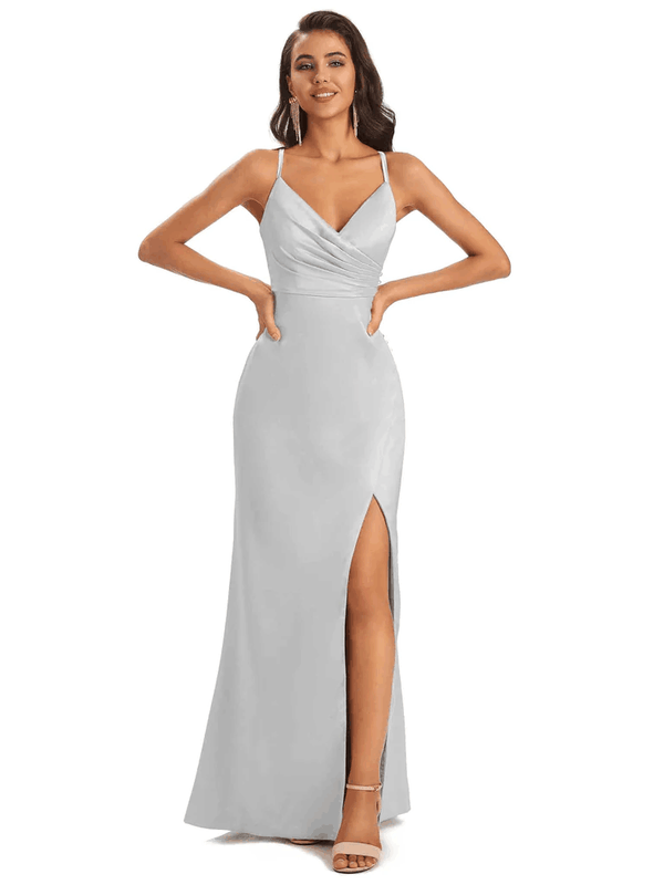 Soft Satin Side Slit Spaghetti Straps Floor-Length Sexy Mermaid Bridesmaid Dresses In Stock