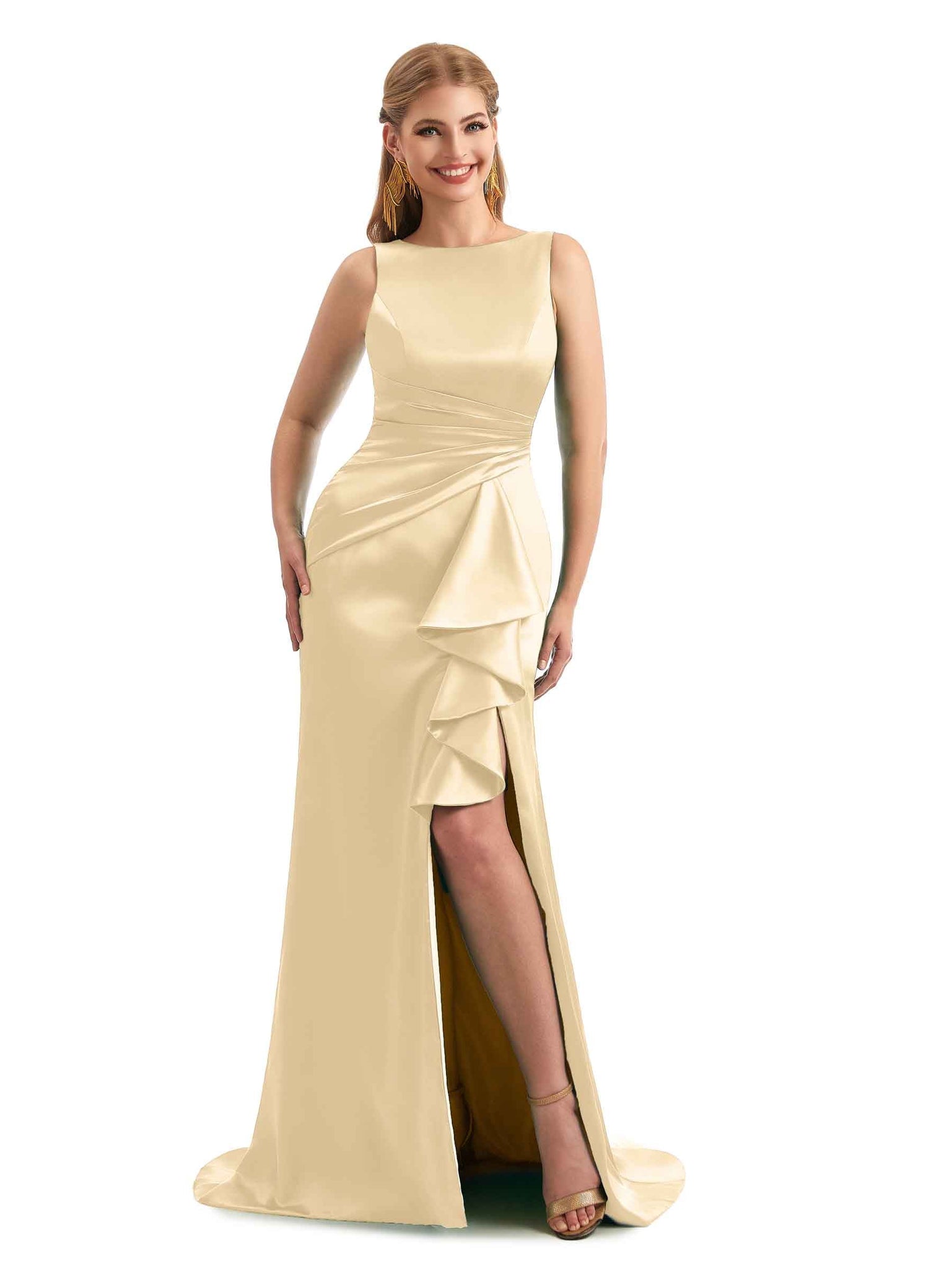 Scoop Ruffles Fall Satin Side Slit Bridesmaid Dresses