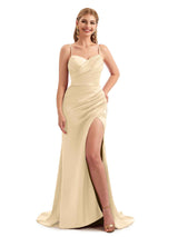 Sexy Champagne Satin Spaghetti Straps Bridesmaid Dresses