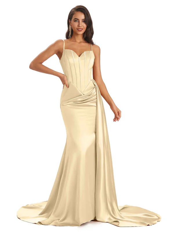 Sexy Soft Satin Mermaid Long Spaghetti Straps Floor-Length Long Bridesmaid Dresses Online In Stock