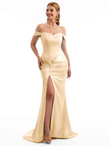 Champagne Off The Shoulder Stretchy Satin Bridesmaid Dresses