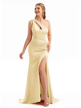 Champagne One-Shoulder Satin Silky Bridesmaid Dresses
