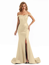 Sexy Side Slit Soft Satin Off The Shoulder Long Mermaid Bridesmaid Dresses In Stock