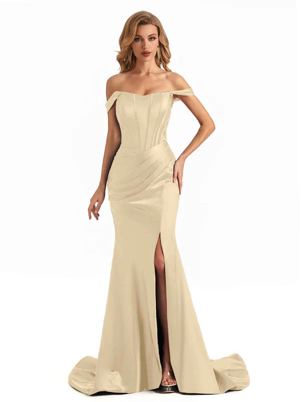 Sexy Side Slit Soft Satin Off The Shoulder Long Mermaid Bridesmaid Dresses In Stock