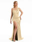 Shiny Satin One Shoulder Slit Formal Boho Bridesmaid Dresses