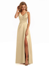 Soft Satin A-line Spaghetti Straps V neck Side Slit Maxi Long Bridesmaid Dresses In Stock