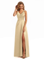 Soft Satin A-line Spaghetti Straps V neck Side Slit Maxi Long Bridesmaid Dresses In Stock