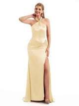 Sexy Champagne Silky Halter Mermaid Satin Bridesmaid Dresses