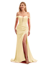 Champagne Maxi Stretchy Satin Long Bridesmaid Dresses