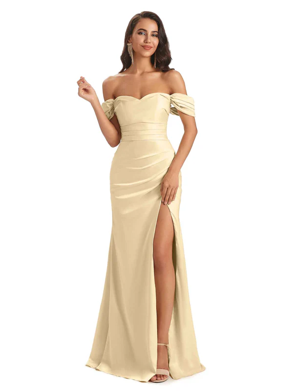 Sexy Off-Shoulder Sweetheart Soft Satin Side Slit Mermaid Floor Length Long Bridesmaid Dresses In Stock
