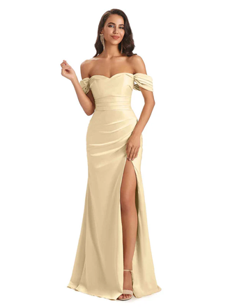 Sexy Off-Shoulder Sweetheart Soft Satin Side Slit Mermaid Floor Length Long Bridesmaid Dresses In Stock