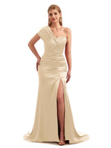 Elegant Champagne Long One-Shoulder Satin Bridesmaid Dresses