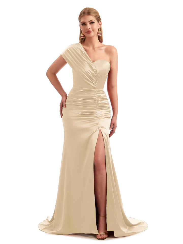 Elegant Champagne Long One-Shoulder Satin Bridesmaid Dresses