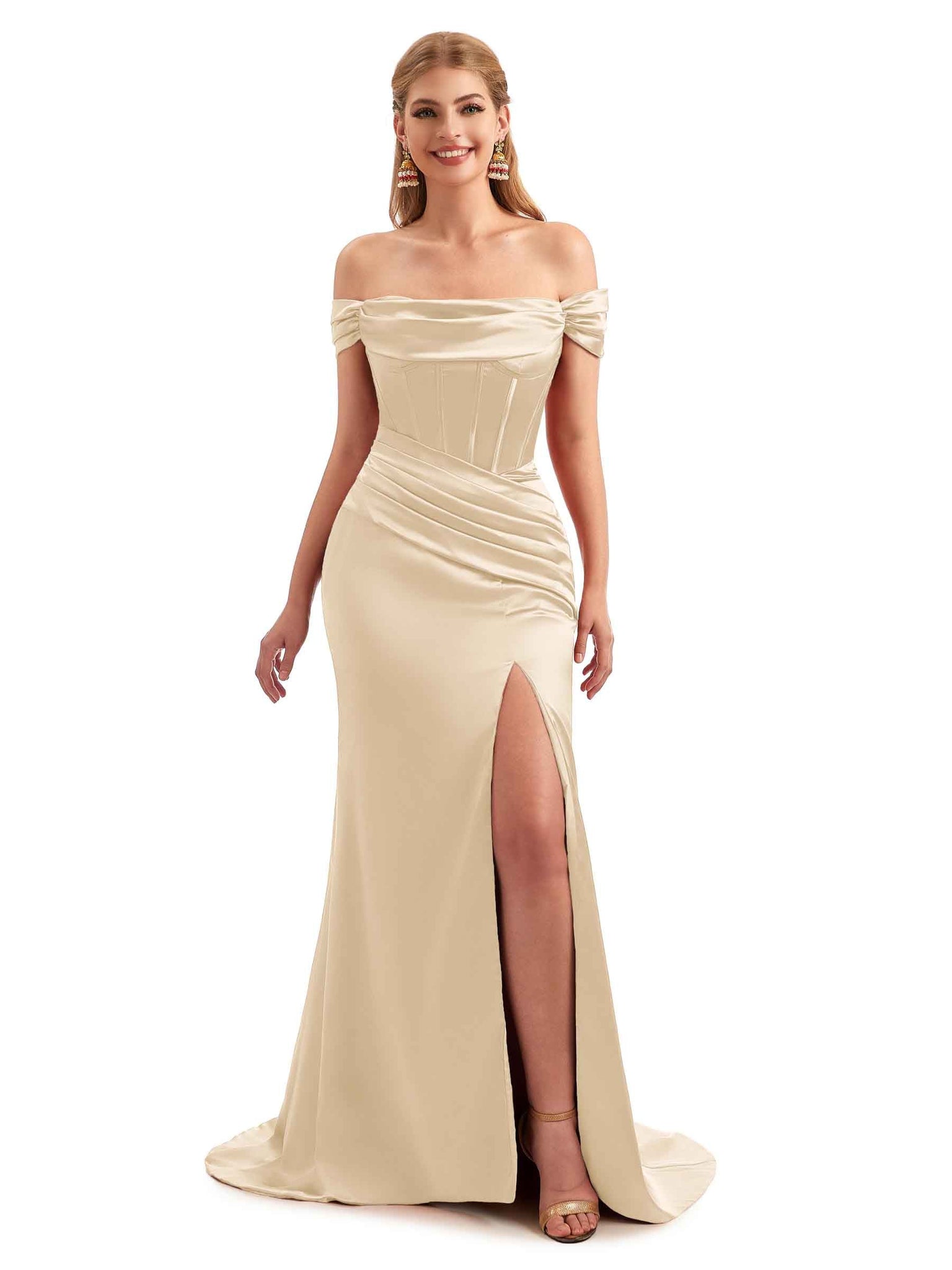 Spring Long Off The Shoulder Satin Bridesmaid Dresses