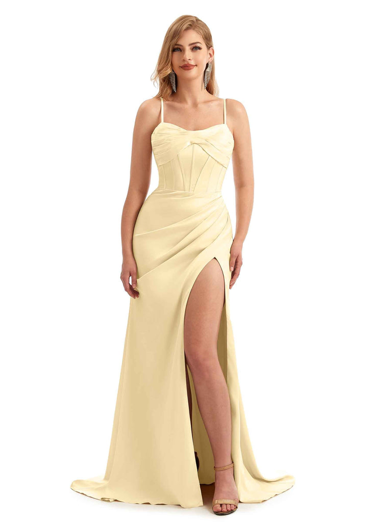 Stretch Satin Spaghetti Straps Spring Bridesmaid Dresses
