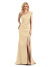 Elegant One Shoulder Soft Satin Side Slit Long Mermaid Party Prom Dresses In Stock