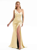 Champagne Mermaid One Shoulder Satin Bridesmaid Dresses