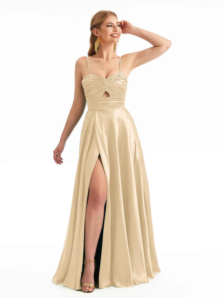 Chic Champagne Spaghetti Straps Satin Bridesmaid Dresses
