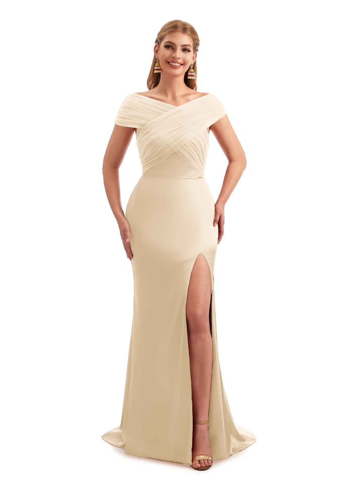 Modern Spring Off The Shoulder Satin Bridesmaid Dresses