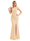 Sexy One Shoulder Mermaid Glitter Jersey Maxi Formal Evening Dresses For Women With Side Slit