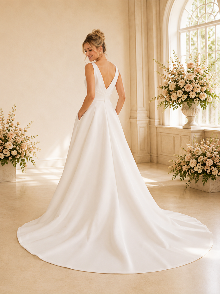 ChicSew Fancy Spaghetti Straps V-Neck Ruching A-Line Satin Long Wedding Dresses