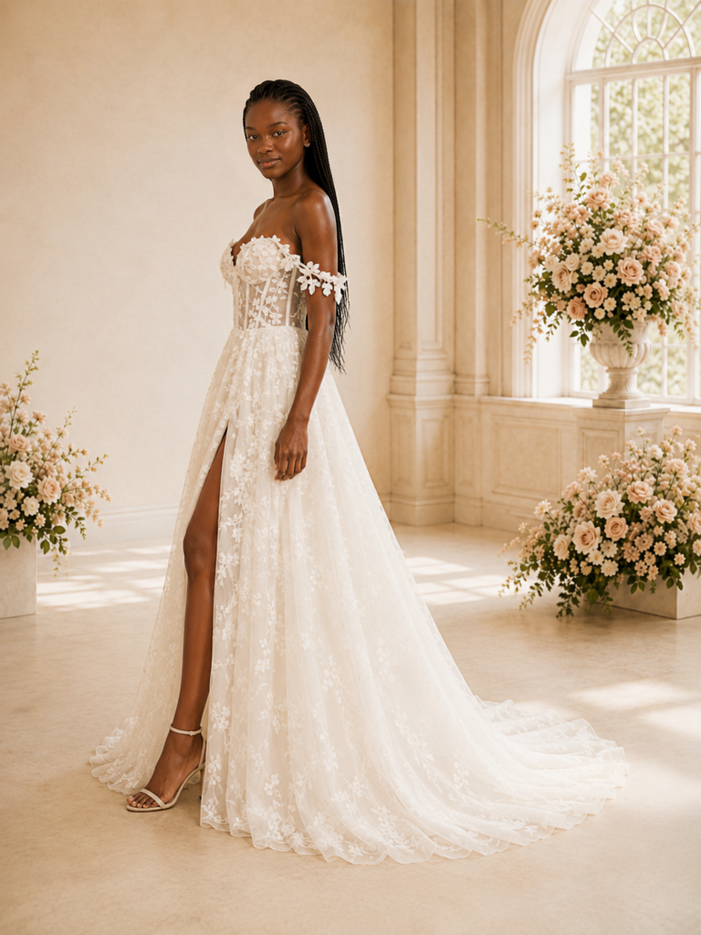 ChicSew Romantic A-Line Off The Shoulder Boning Lace Maxi Wedding Dress