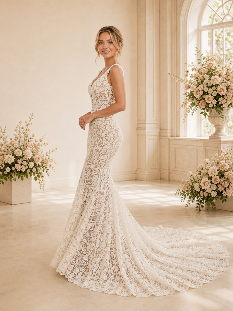 ChicSew Sexy Mermaid Lace Applique V-Neck Open Back Maxi Wedding Dress