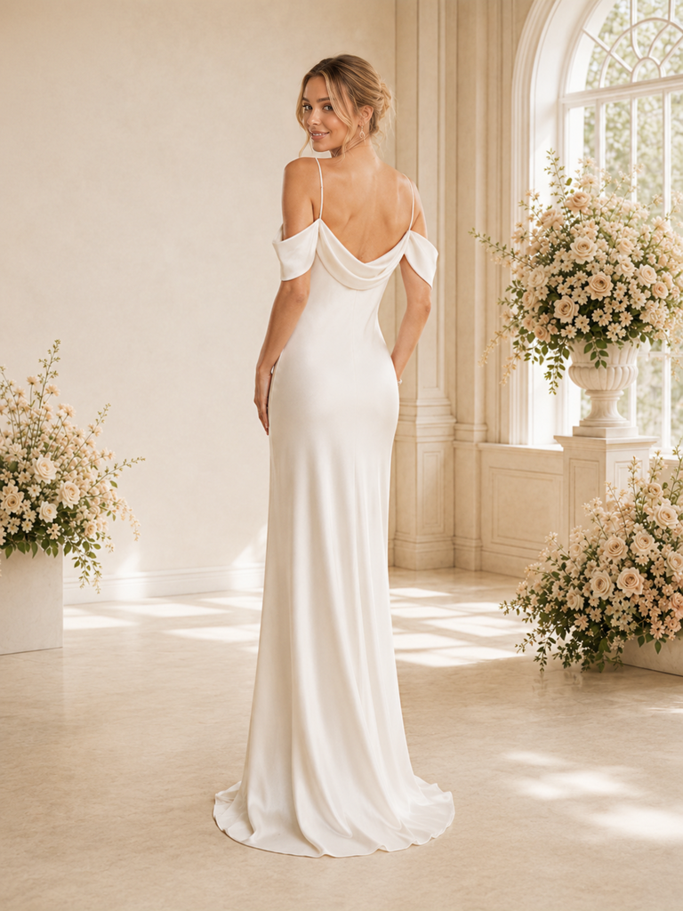 ChicSew Romantic Spaghetti Straps Ruching Satin Mermaid Floor-Length Wedding Dress