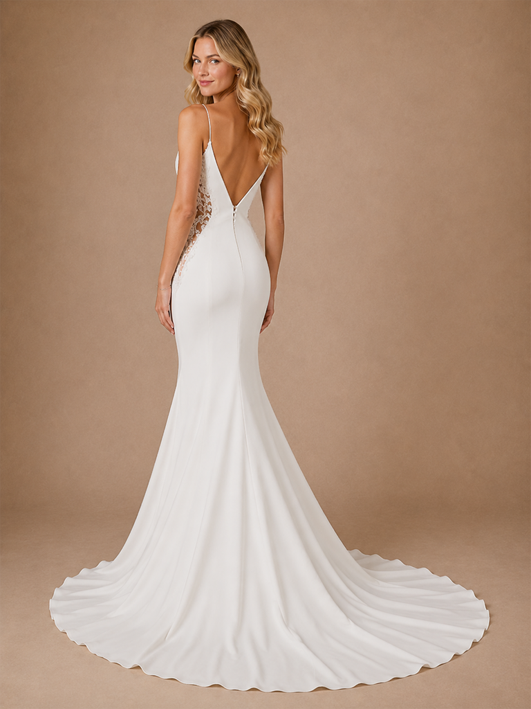 ChicSew Modern V-Neck Lace Crepe Mermaid Spaghetti Straps Wedding Dresses