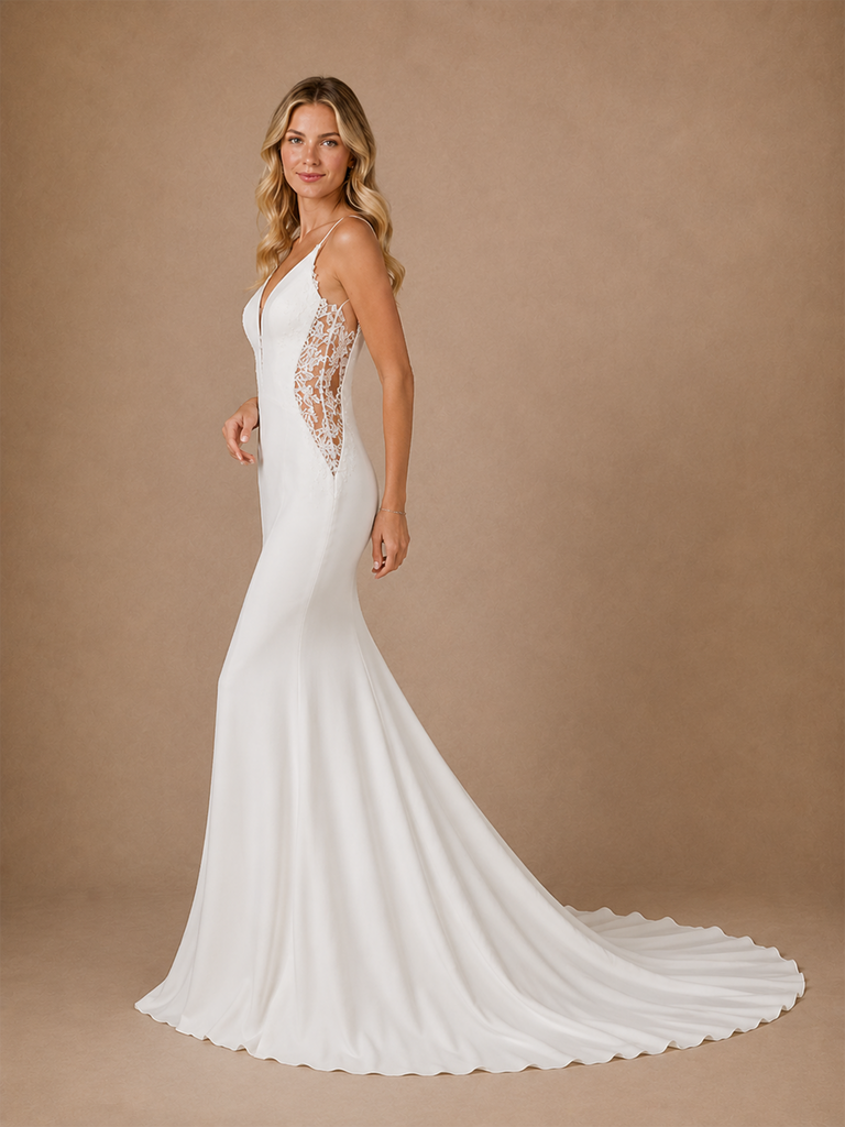 ChicSew Modern V-Neck Lace Crepe Mermaid Spaghetti Straps Wedding Dresses
