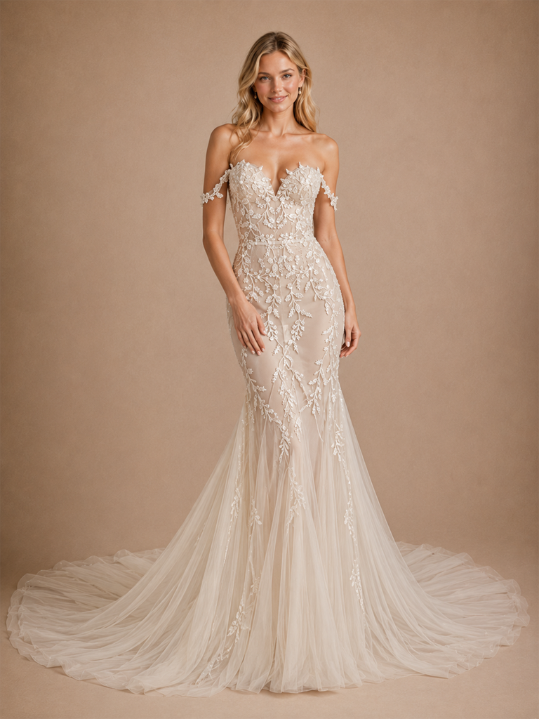 ChicSew Romantic V-Neck Off Shoulder Mermaid Lace Tulle Wedding Dress With Long Train
