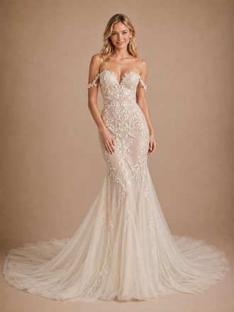ChicSew Romantic V-Neck Off Shoulder Mermaid Lace Tulle Wedding Dress With Long Train