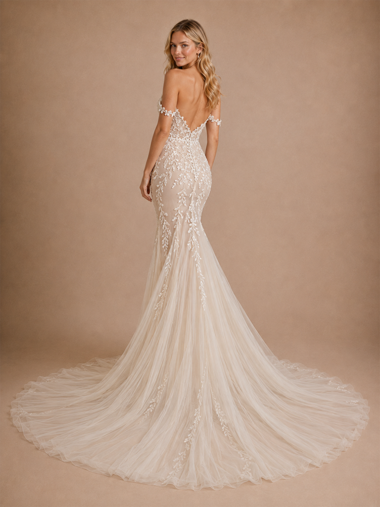 ChicSew Romantic V-Neck Off Shoulder Mermaid Lace Tulle Wedding Dress With Long Train