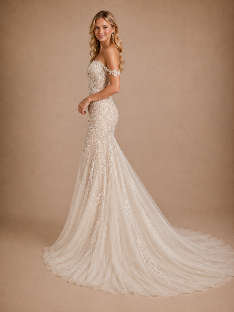 ChicSew Romantic V-Neck Off Shoulder Mermaid Lace Tulle Wedding Dress With Long Train