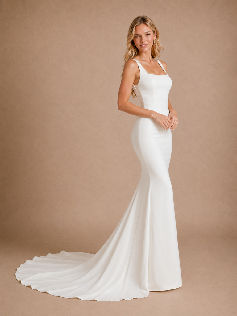 ChicSew Simple Square Mermaid Spaghetti Straps Sleeveless Satin Wedding Dresses